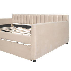 HomeRoots Beige Tufted Full Day Bed with Trundle - Stylish Versatile Comfort for Guest Rooms and Living Spaces 602029