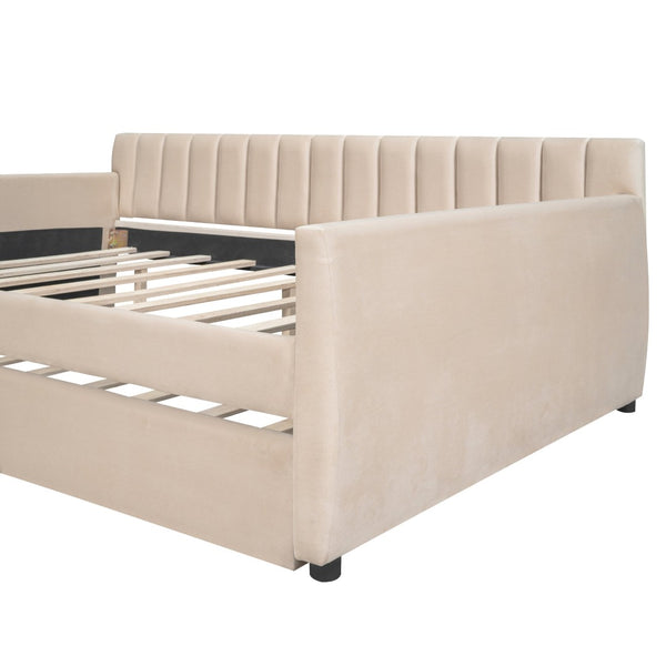 HomeRoots Beige Tufted Full Day Bed with Trundle - Stylish Versatile Comfort for Guest Rooms and Living Spaces 602029