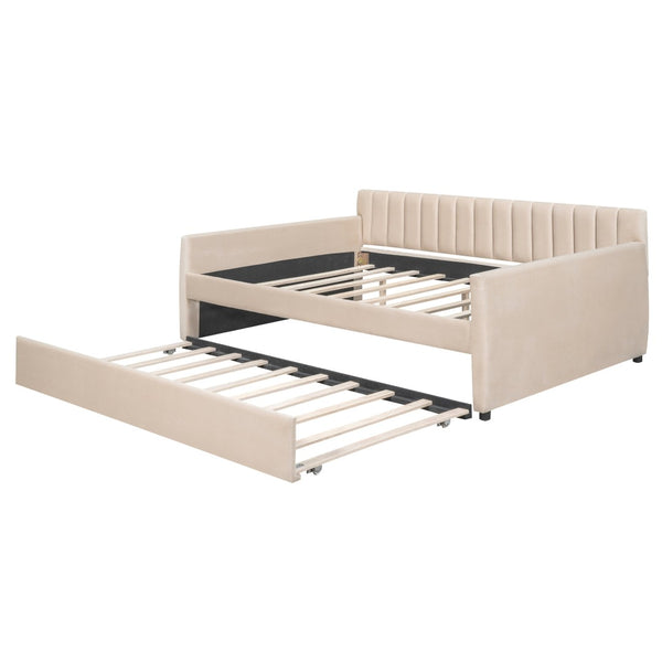 HomeRoots Beige Tufted Full Day Bed with Trundle - Stylish Versatile Comfort for Guest Rooms and Living Spaces 602029