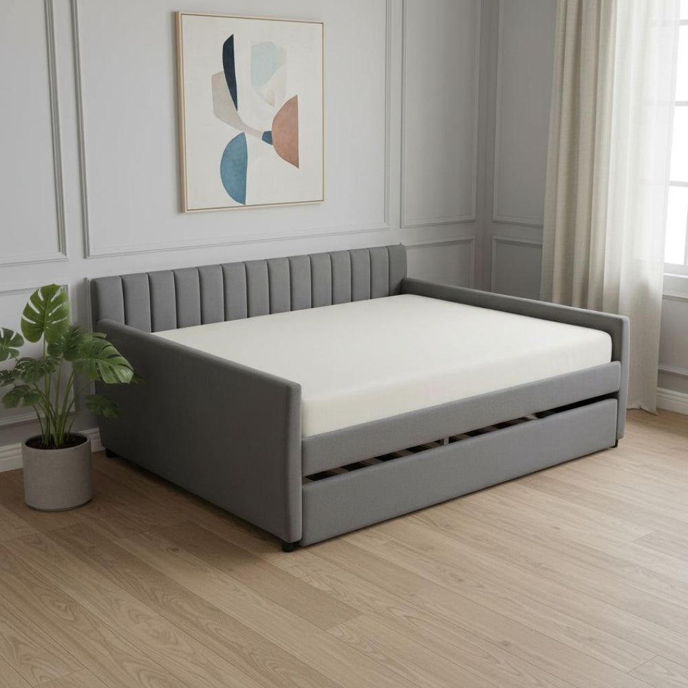 HomeRoots Gray Upholstered Full Bed Frame with Trundle - Stylish, Space-Saving Solution for Any Room 602030