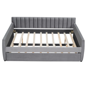 HomeRoots Gray Upholstered Full Bed Frame with Trundle - Stylish, Space-Saving Solution for Any Room 602030