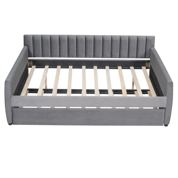 HomeRoots Gray Upholstered Full Bed Frame with Trundle - Stylish, Space-Saving Solution for Any Room 602030