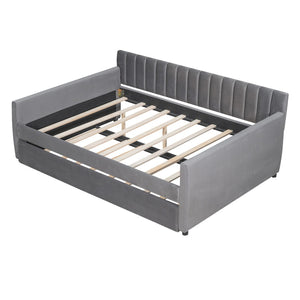 HomeRoots Gray Upholstered Full Bed Frame with Trundle - Stylish, Space-Saving Solution for Any Room 602030