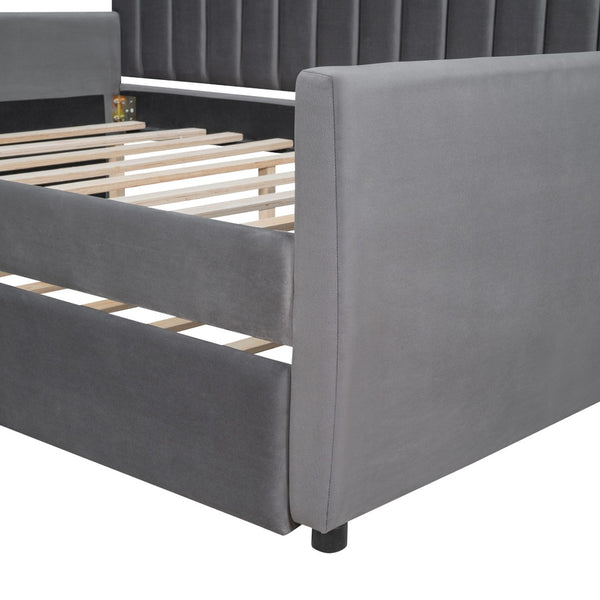 HomeRoots Gray Upholstered Full Bed Frame with Trundle - Stylish, Space-Saving Solution for Any Room 602030