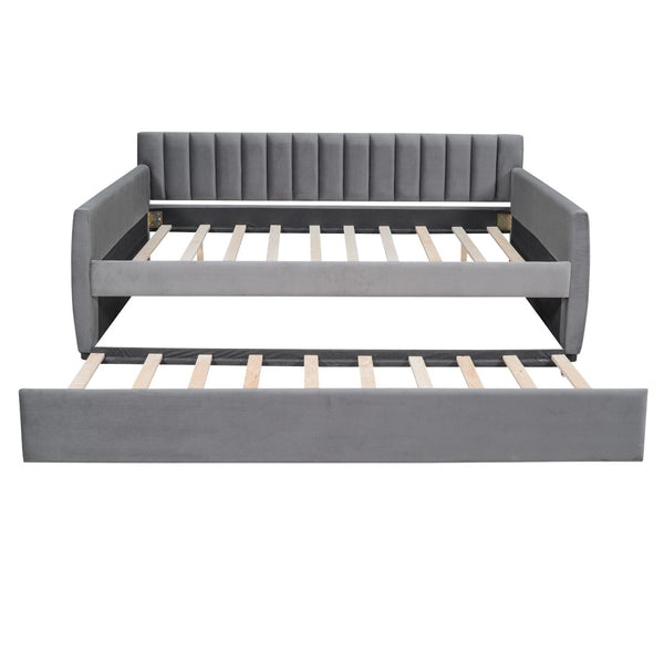 HomeRoots Gray Upholstered Full Bed Frame with Trundle - Stylish, Space-Saving Solution for Any Room 602030
