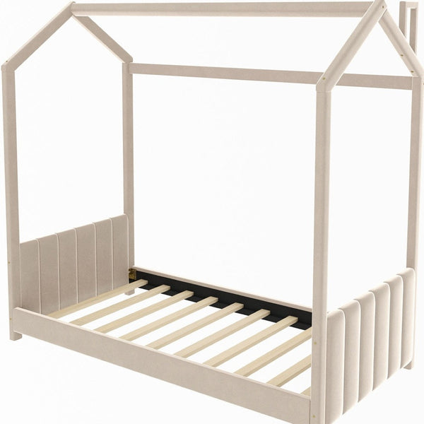 HomeRoots Beige Tufted Velvet Twin House Bed – Stylish, Cozy Design for Kids' Rooms & Guest Spaces! 602031