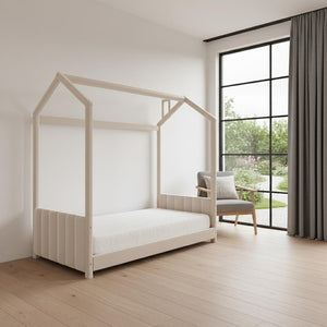 HomeRoots Beige Tufted Velvet Twin House Bed – Stylish, Cozy Design for Kids' Rooms & Guest Spaces! 602031