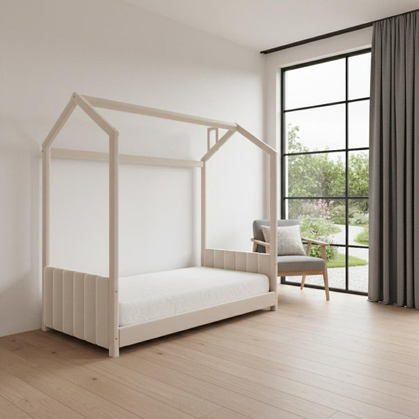 HomeRoots Beige Tufted Velvet Twin House Bed – Stylish, Cozy Design for Kids' Rooms & Guest Spaces! 602031