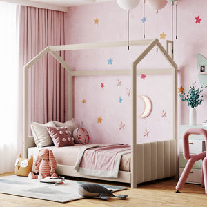 HomeRoots Beige Tufted Velvet Twin House Bed – Stylish, Cozy Design for Kids' Rooms & Guest Spaces! 602031