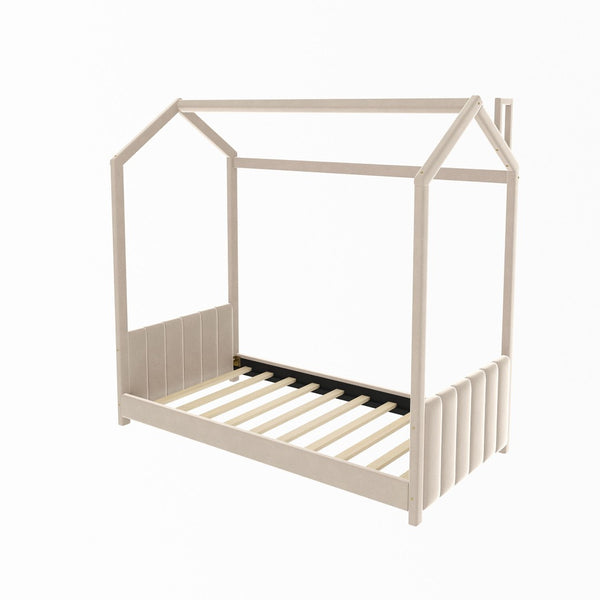 HomeRoots Beige Tufted Velvet Twin House Bed – Stylish, Cozy Design for Kids' Rooms & Guest Spaces! 602031