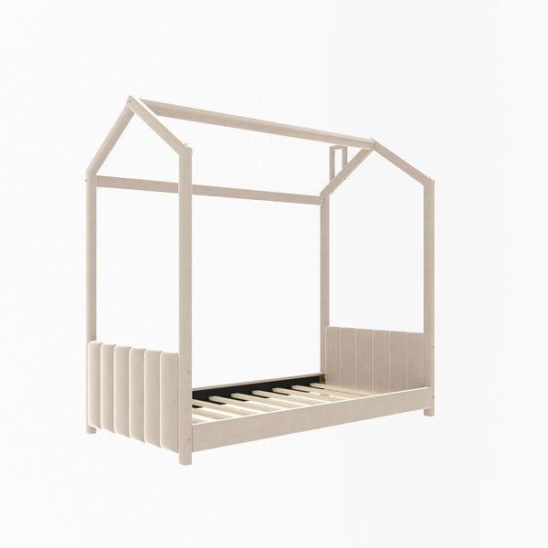 HomeRoots Beige Tufted Velvet Twin House Bed – Stylish, Cozy Design for Kids' Rooms & Guest Spaces! 602031