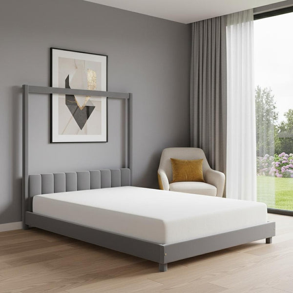 HomeRoots Gray Velvet Upholstered Twin Bed Frame - Stylish, Modern Design with Plush Comfort & No Box Spring Needed 602032