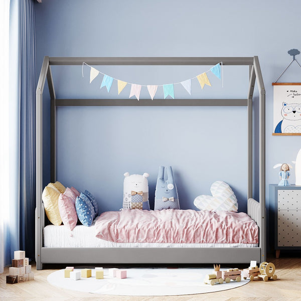 HomeRoots Gray Velvet Upholstered Twin Bed Frame - Stylish, Modern Design with Plush Comfort & No Box Spring Needed 602032