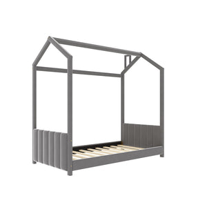 HomeRoots Gray Velvet Upholstered Twin Bed Frame - Stylish, Modern Design with Plush Comfort & No Box Spring Needed 602032