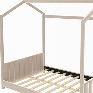 HomeRoots Beige Tufted Velvet Full House Bed Frame - Chic Modern Design with Plush Comfort & Durable Support 602033