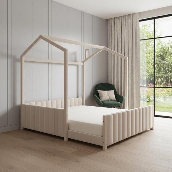 HomeRoots Beige Tufted Velvet Full House Bed Frame - Chic Modern Design with Plush Comfort & Durable Support 602033