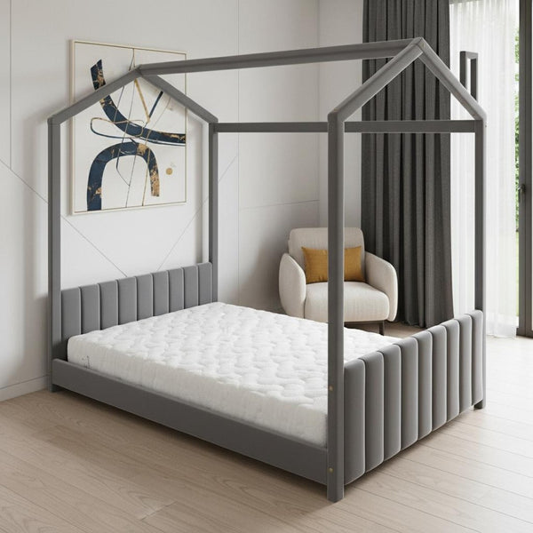 HomeRoots Gray Velvet Full Bed Frame - Elegant Upholstered Design for Ultimate Comfort and Modern Style 602034