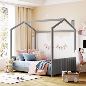 HomeRoots Gray Velvet Full Bed Frame - Elegant Upholstered Design for Ultimate Comfort and Modern Style 602034