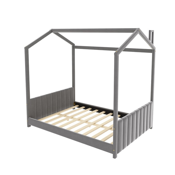HomeRoots Gray Velvet Full Bed Frame - Elegant Upholstered Design for Ultimate Comfort and Modern Style 602034