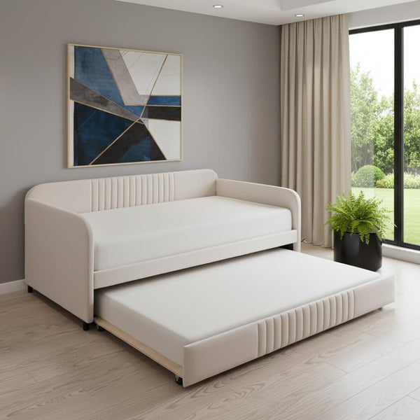 HomeRoots Beige Tufted Velvet Twin Daybed with Trundle - Stylish Multi-Functional Seating & Sleeping Solution 602035