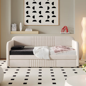 HomeRoots Beige Tufted Velvet Twin Daybed with Trundle - Stylish Multi-Functional Seating & Sleeping Solution 602035