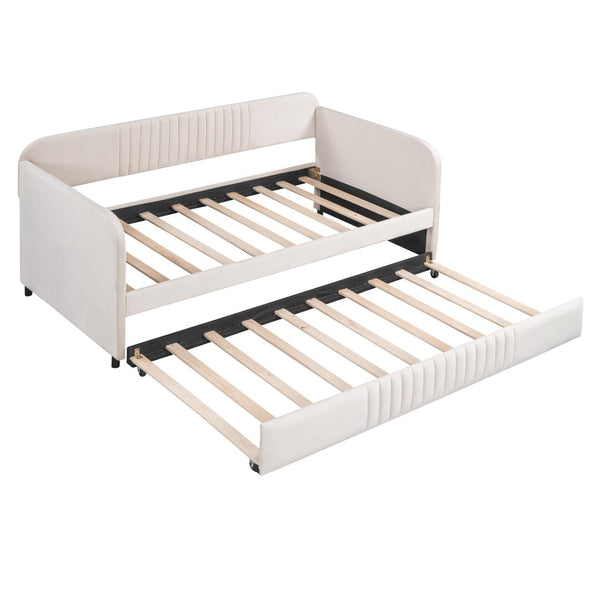 HomeRoots Beige Tufted Velvet Twin Daybed with Trundle - Stylish Multi-Functional Seating & Sleeping Solution 602035