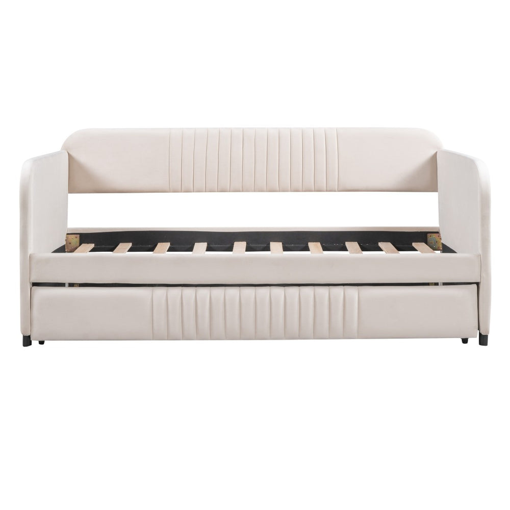 HomeRoots Beige Tufted Velvet Twin Daybed with Trundle - Stylish Multi-Functional Seating & Sleeping Solution 602035