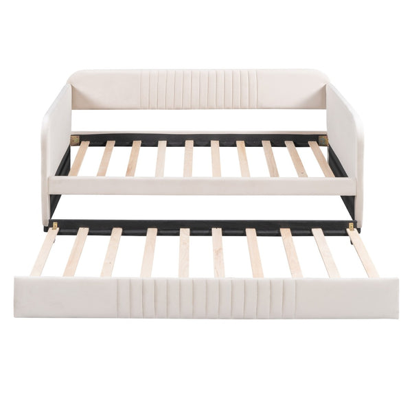 HomeRoots Beige Tufted Velvet Twin Daybed with Trundle - Stylish Multi-Functional Seating & Sleeping Solution 602035