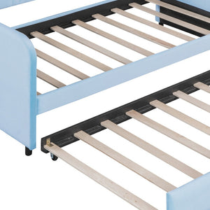 HomeRoots Light Blue Upholstered Twin Bed Frame with Trundle - Modern Style & Comfort for Small Spaces 602036