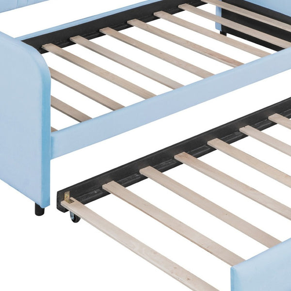 HomeRoots Light Blue Upholstered Twin Bed Frame with Trundle - Modern Style & Comfort for Small Spaces 602036