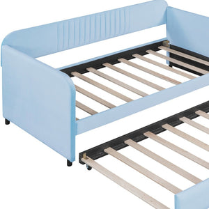 HomeRoots Light Blue Upholstered Twin Bed Frame with Trundle - Modern Style & Comfort for Small Spaces 602036