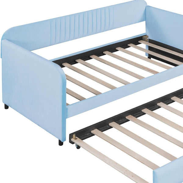 HomeRoots Light Blue Upholstered Twin Bed Frame with Trundle - Modern Style & Comfort for Small Spaces 602036