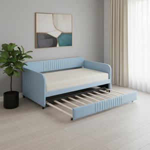 HomeRoots Light Blue Upholstered Twin Bed Frame with Trundle - Modern Style & Comfort for Small Spaces 602036