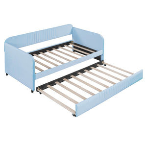 HomeRoots Light Blue Upholstered Twin Bed Frame with Trundle - Modern Style & Comfort for Small Spaces 602036