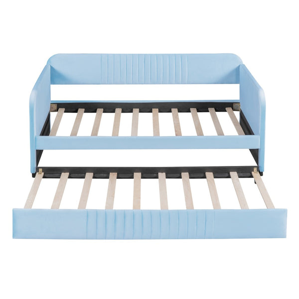 HomeRoots Light Blue Upholstered Twin Bed Frame with Trundle - Modern Style & Comfort for Small Spaces 602036