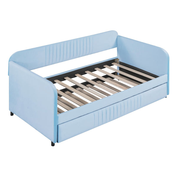 HomeRoots Light Blue Upholstered Twin Bed Frame with Trundle - Modern Style & Comfort for Small Spaces 602036