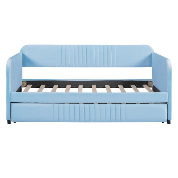 HomeRoots Light Blue Upholstered Twin Bed Frame with Trundle - Modern Style & Comfort for Small Spaces 602036