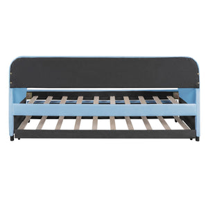 HomeRoots Light Blue Upholstered Twin Bed Frame with Trundle - Modern Style & Comfort for Small Spaces 602036