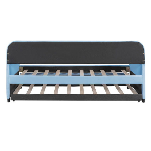 HomeRoots Light Blue Upholstered Twin Bed Frame with Trundle - Modern Style & Comfort for Small Spaces 602036