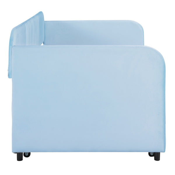 HomeRoots Light Blue Upholstered Twin Bed Frame with Trundle - Modern Style & Comfort for Small Spaces 602036