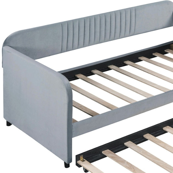 HomeRoots Gray Upholstered Twin Bed Frame with Trundle - Stylish, Space-Saving Design for Versatile Sleep Solutions 602037