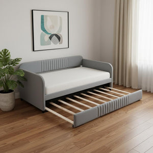 HomeRoots Gray Upholstered Twin Bed Frame with Trundle - Stylish, Space-Saving Design for Versatile Sleep Solutions 602037