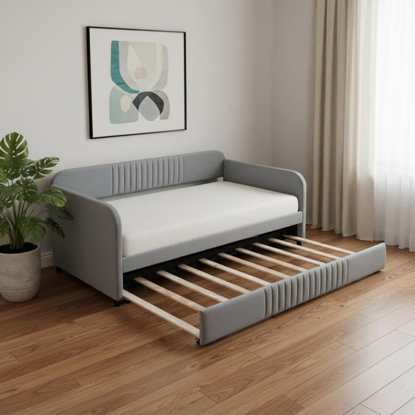 HomeRoots Gray Upholstered Twin Bed Frame with Trundle - Stylish, Space-Saving Design for Versatile Sleep Solutions 602037