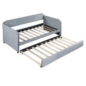 HomeRoots Gray Upholstered Twin Bed Frame with Trundle - Stylish, Space-Saving Design for Versatile Sleep Solutions 602037