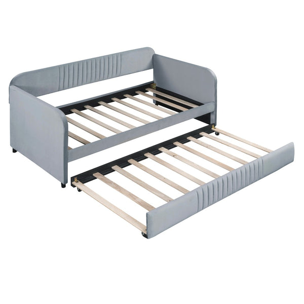 HomeRoots Gray Upholstered Twin Bed Frame with Trundle - Stylish, Space-Saving Design for Versatile Sleep Solutions 602037
