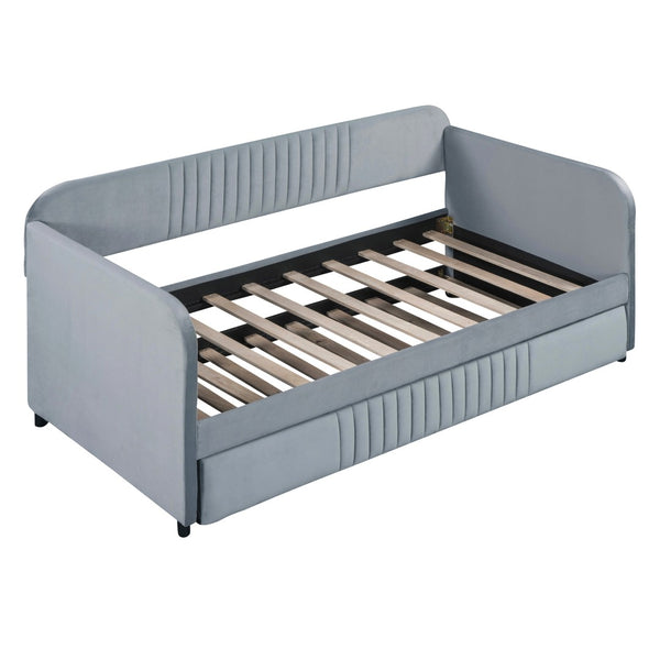 HomeRoots Gray Upholstered Twin Bed Frame with Trundle - Stylish, Space-Saving Design for Versatile Sleep Solutions 602037