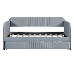 HomeRoots Gray Upholstered Twin Bed Frame with Trundle - Stylish, Space-Saving Design for Versatile Sleep Solutions 602037
