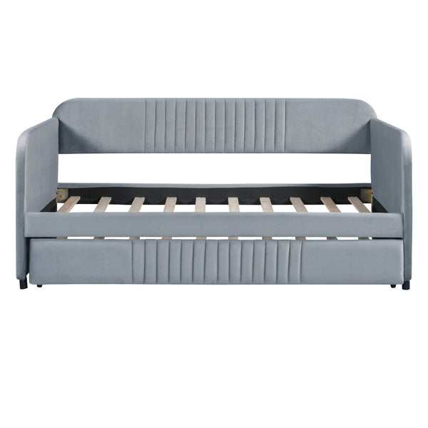HomeRoots Gray Upholstered Twin Bed Frame with Trundle - Stylish, Space-Saving Design for Versatile Sleep Solutions 602037