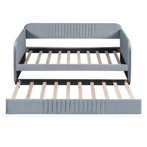 HomeRoots Gray Upholstered Twin Bed Frame with Trundle - Stylish, Space-Saving Design for Versatile Sleep Solutions 602037