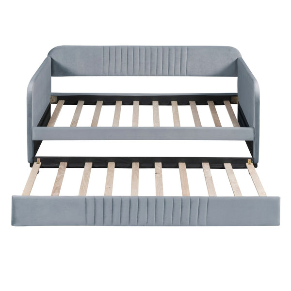 HomeRoots Gray Upholstered Twin Bed Frame with Trundle - Stylish, Space-Saving Design for Versatile Sleep Solutions 602037